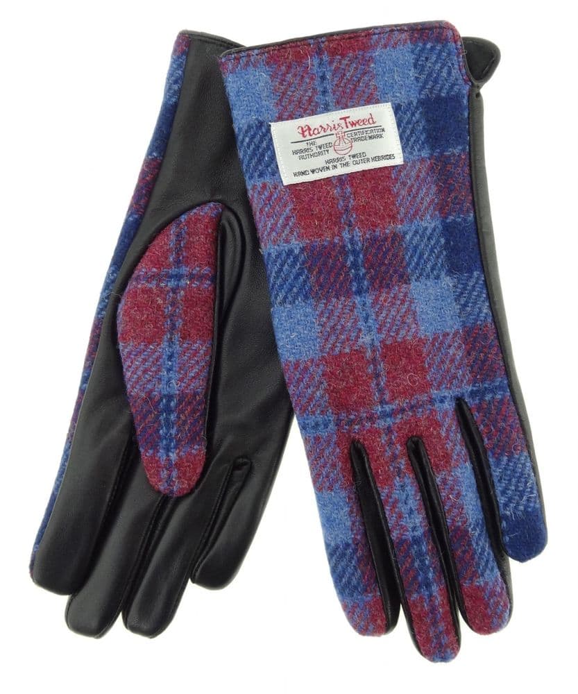 Ladies Black Leather & Authentic Harris Tweed Gloves Light Blue & Pink Check