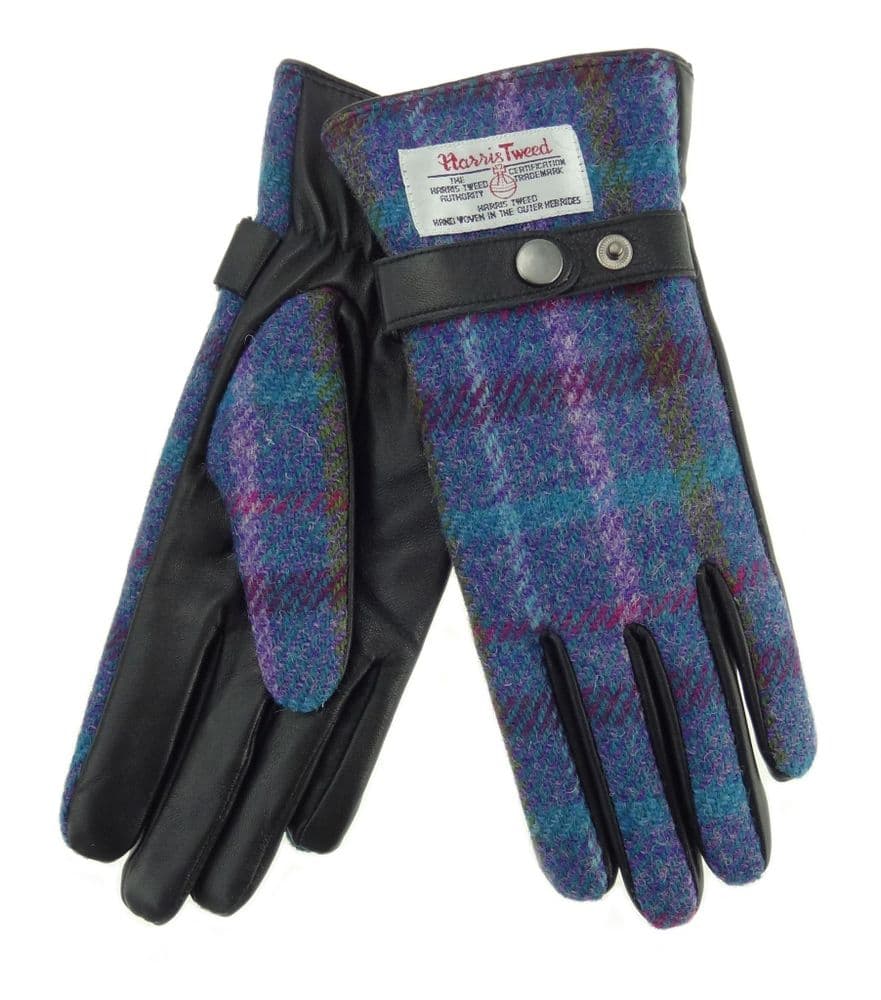 Ladies Black Leather & Authentic Harris Tweed Gloves Purple Multi Check