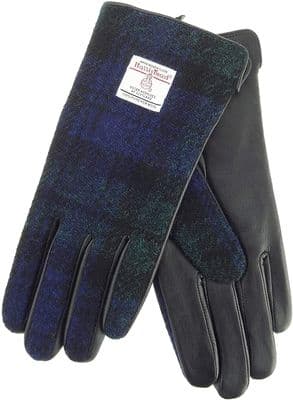 Ladies Black Leather & Authentic Harris Tweed Gloves Traditional Black Watch Tartan