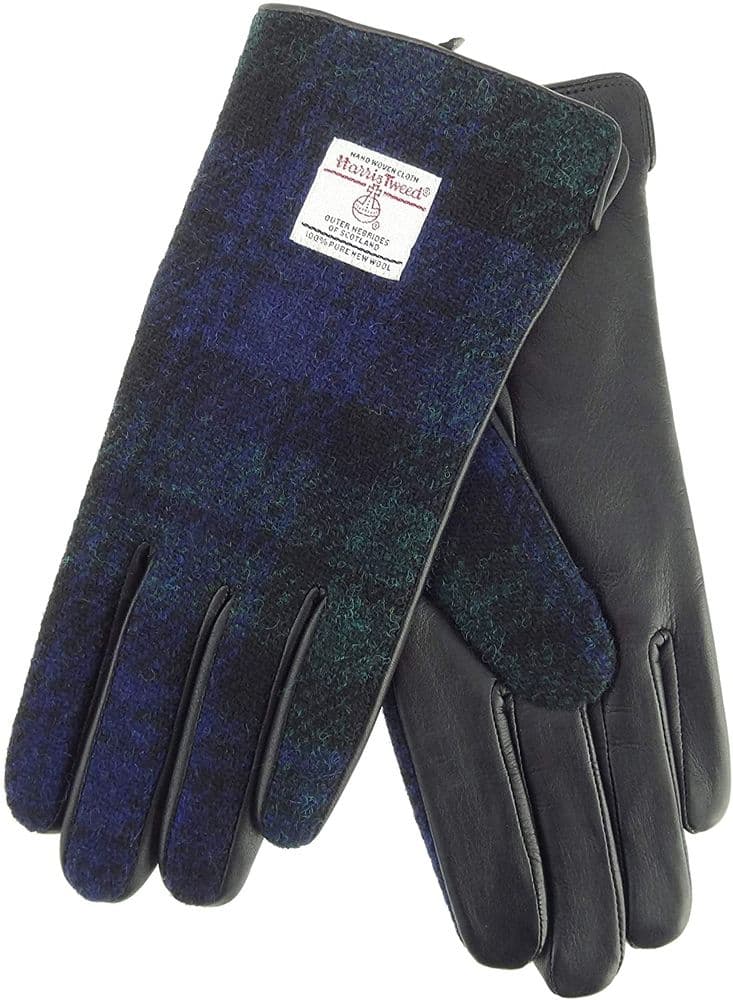Ladies Black Leather & Authentic Harris Tweed Gloves Traditional Black Watch Tartan
