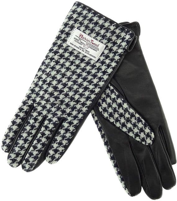 Ladies Harris Tweed Gloves | Black Leather Dogtooth

