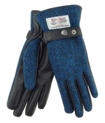Ladies Black Leather & Harris Tweed Gloves | Blue Herringbone