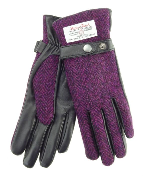 Purple Herringbone Harris Tweed Gloves | Ladies Leather
