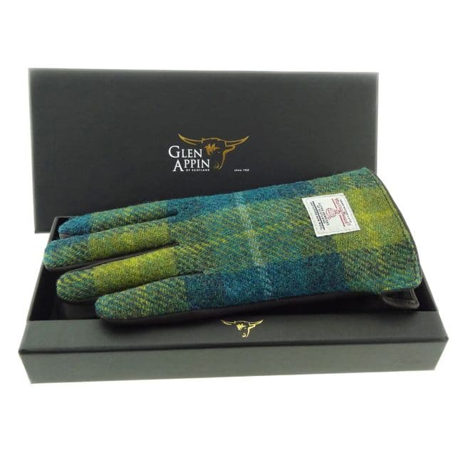 Ladies Brown Leather & Authentic Harris Tweed Gloves Blue & Green Check