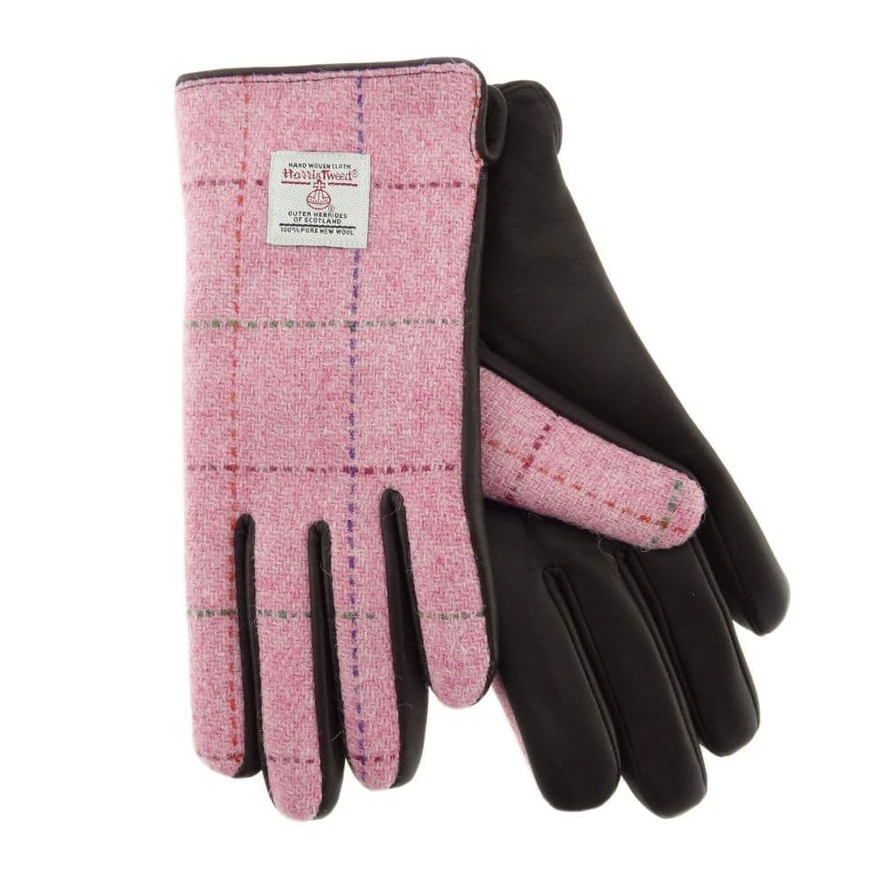 Ladies Brown Leather & Authentic Harris Tweed Gloves Bright Pink With Overcheck