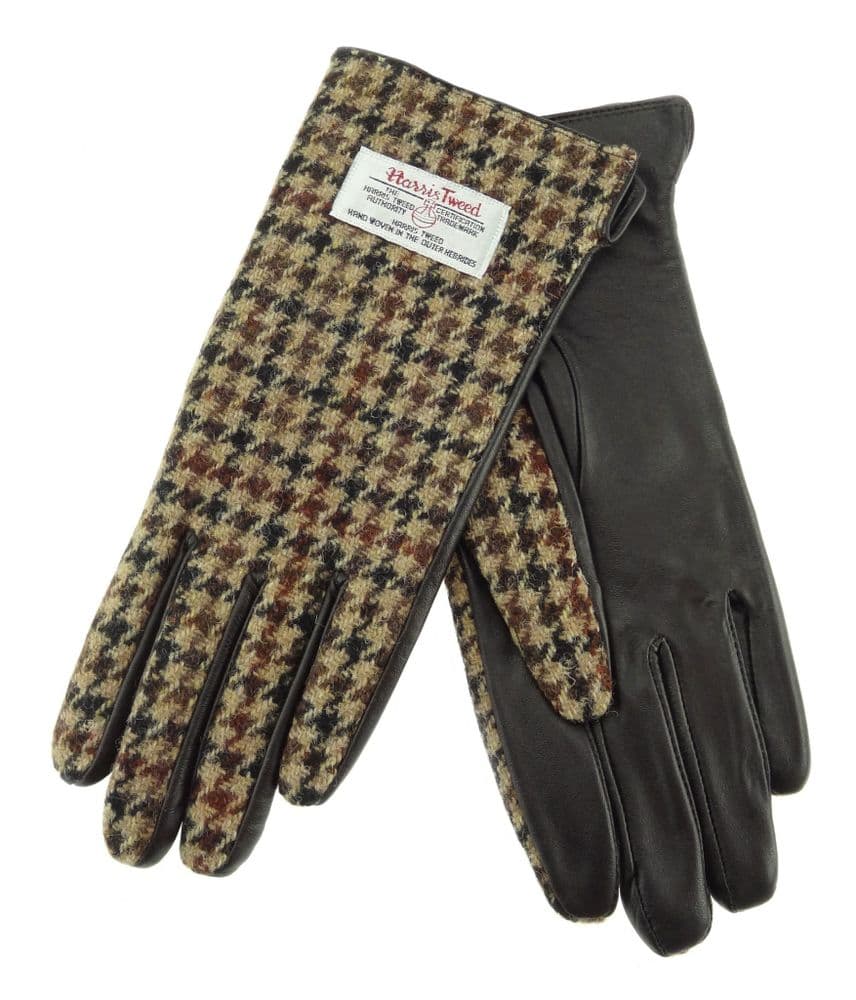 Ladies Brown Leather & Authentic Harris Tweed Gloves Brown Dogtooth