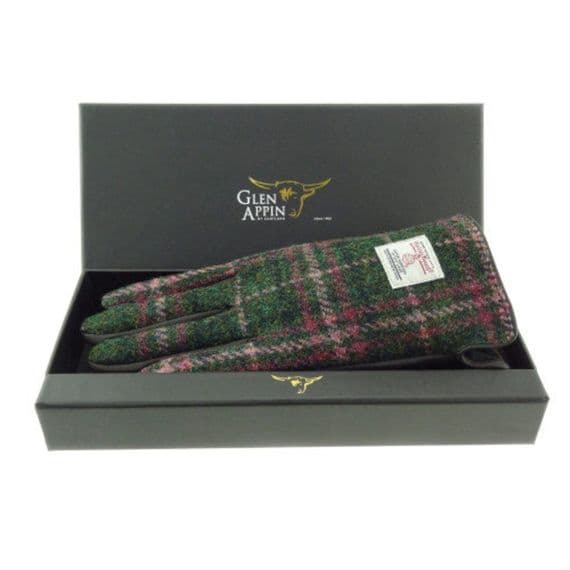 Ladies Brown Leather & Authentic Harris Tweed Gloves Dark Green Plum Check