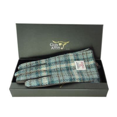 Ladies Brown Leather & Authentic Harris Tweed Gloves Light Green Check