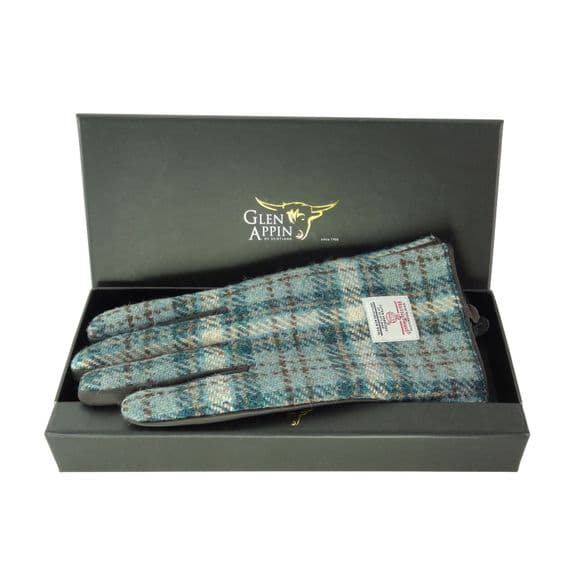 Ladies Brown Leather & Authentic Harris Tweed Gloves Light Green Check