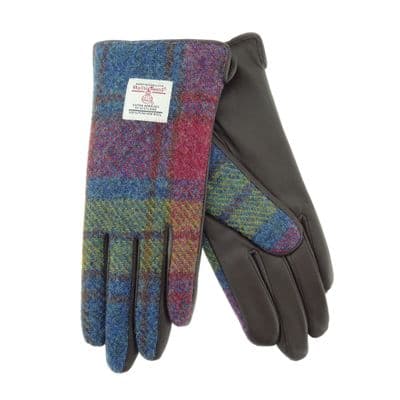 Ladies Brown Leather & Authentic Harris Tweed Gloves Multi Colour Check
