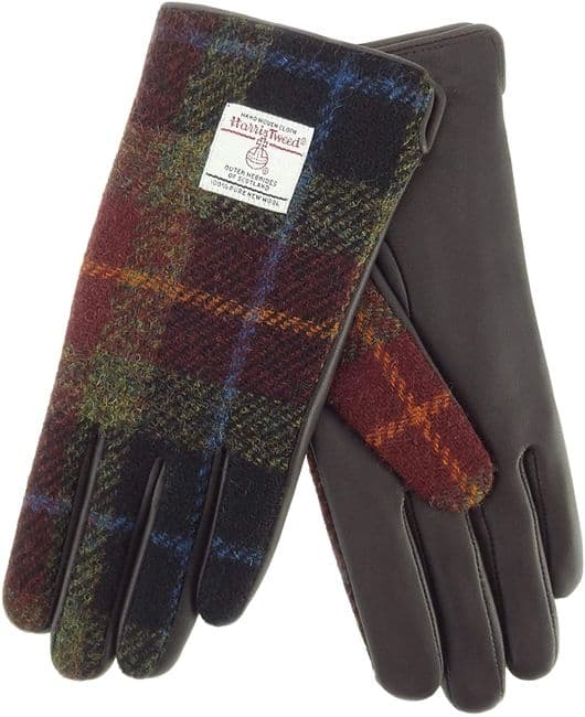 Ladies Brown Leather & Authentic Harris Tweed Gloves Rust Check