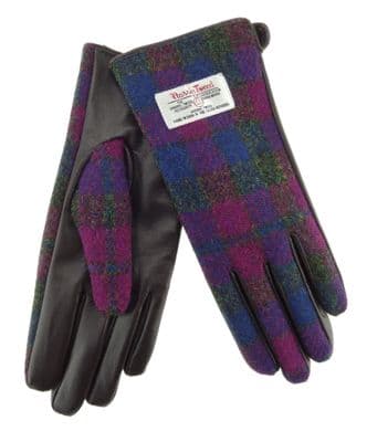 Ladies Brown Leather & Harris Tweed Gloves | Heather Check