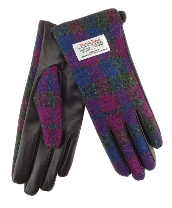 Heather Check Harris Tweed Gloves | Brown Leather
