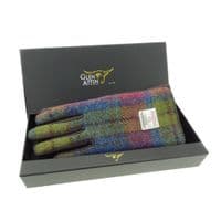 Multi Colour Check Harris Tweed Gloves | Brown Leather
