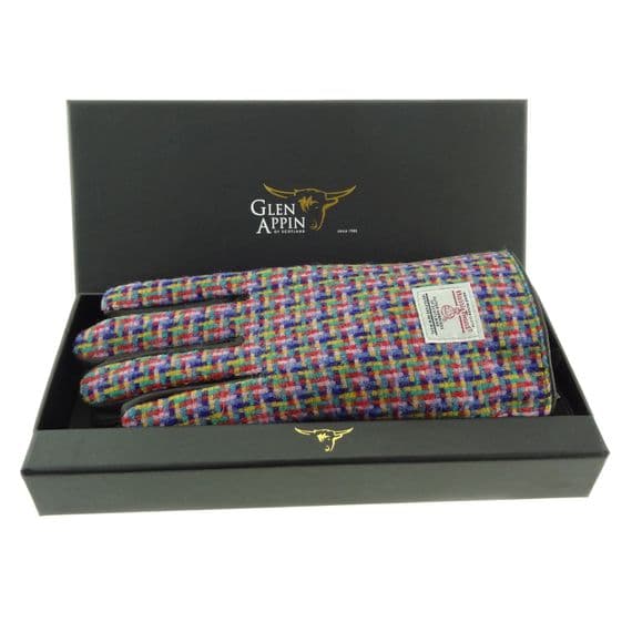 Multicoloured Check Harris Tweed Gloves | Brown Leather
