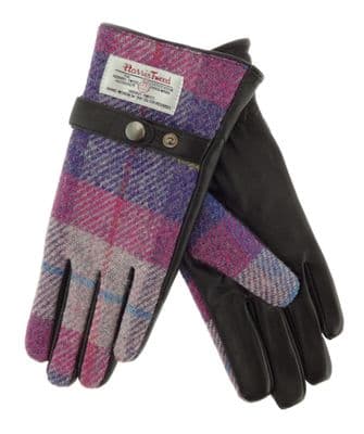 Ladies Brown Leather & Harris Tweed Gloves | Pink Purple Tartan