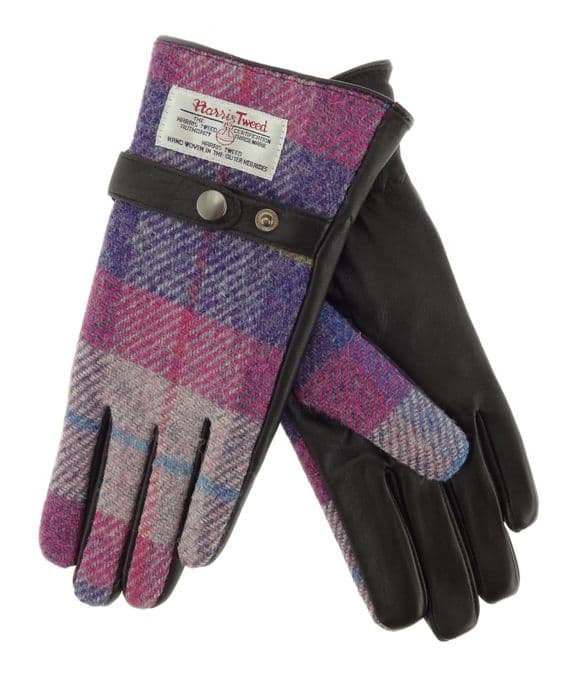 Pink Purple Tartan Harris Tweed Gloves | Brown Leather
