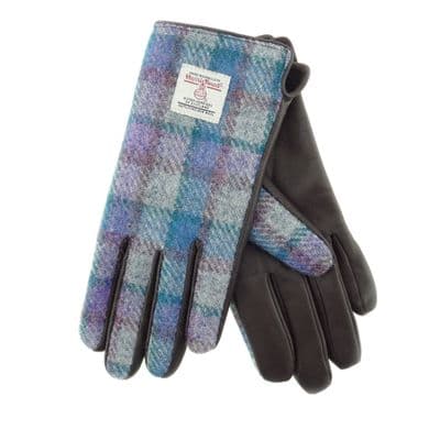 Ladies Brown Leather & Harris Tweed Gloves | Purple Check on Grey