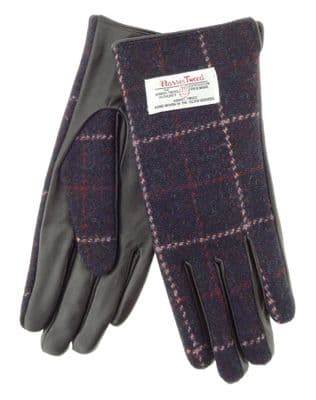 Ladies Brown Leather & Harris Tweed Gloves | Wine Pink Overcheck