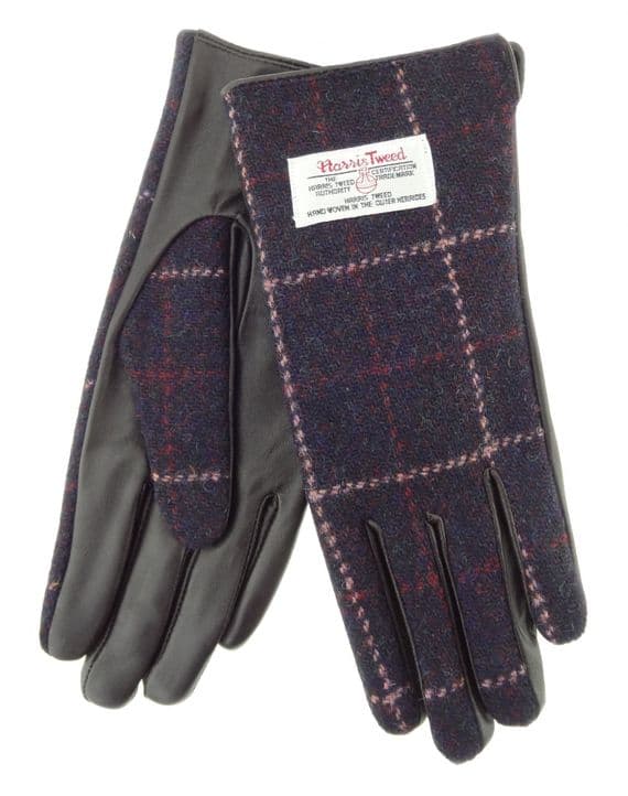 Wine Pink Overcheck Harris Tweed Gloves | Brown Leather
