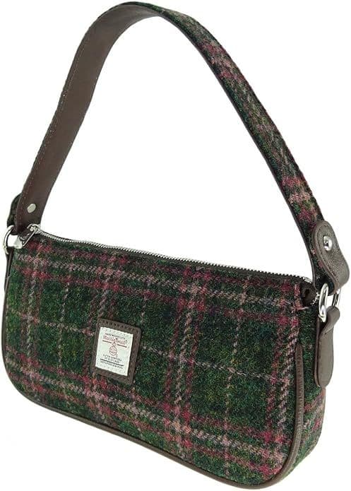 Ladies Harris Tweed Dark Green and Plum Check Shoulder Bag With Tweed Strap