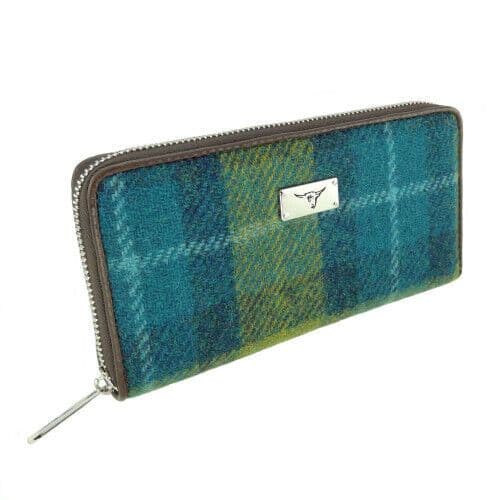 Ladies Harris Tweed Long Staffa Zip Round Purse Blue Check