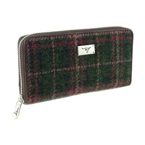Ladies Harris Tweed Long Staffa Zip Round Purse Dark Green Plum Check