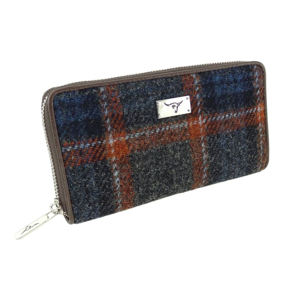 Ladies Harris Tweed Long Staffa Zip Round Purse Grey with Rust OverCheck