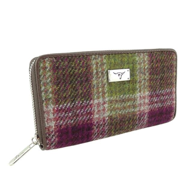 Ladies Harris Tweed Long Staffa Zip Round Purse Heather Check