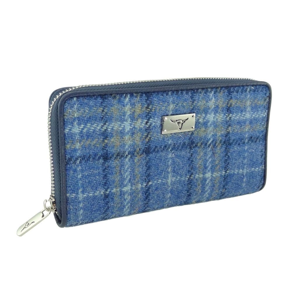 Ladies Harris Tweed Long Staffa Zip Round Purse Light Blue Check