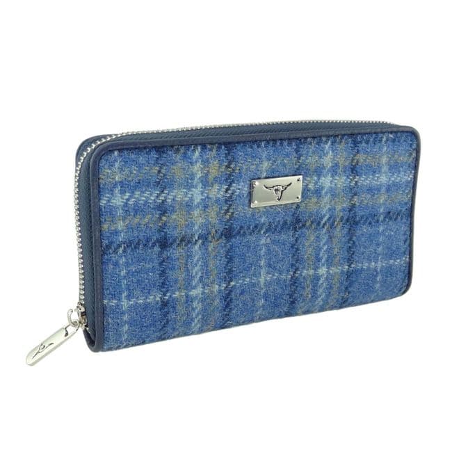 Ladies Harris Tweed Long Staffa Zip Round Purse Light Blue Check