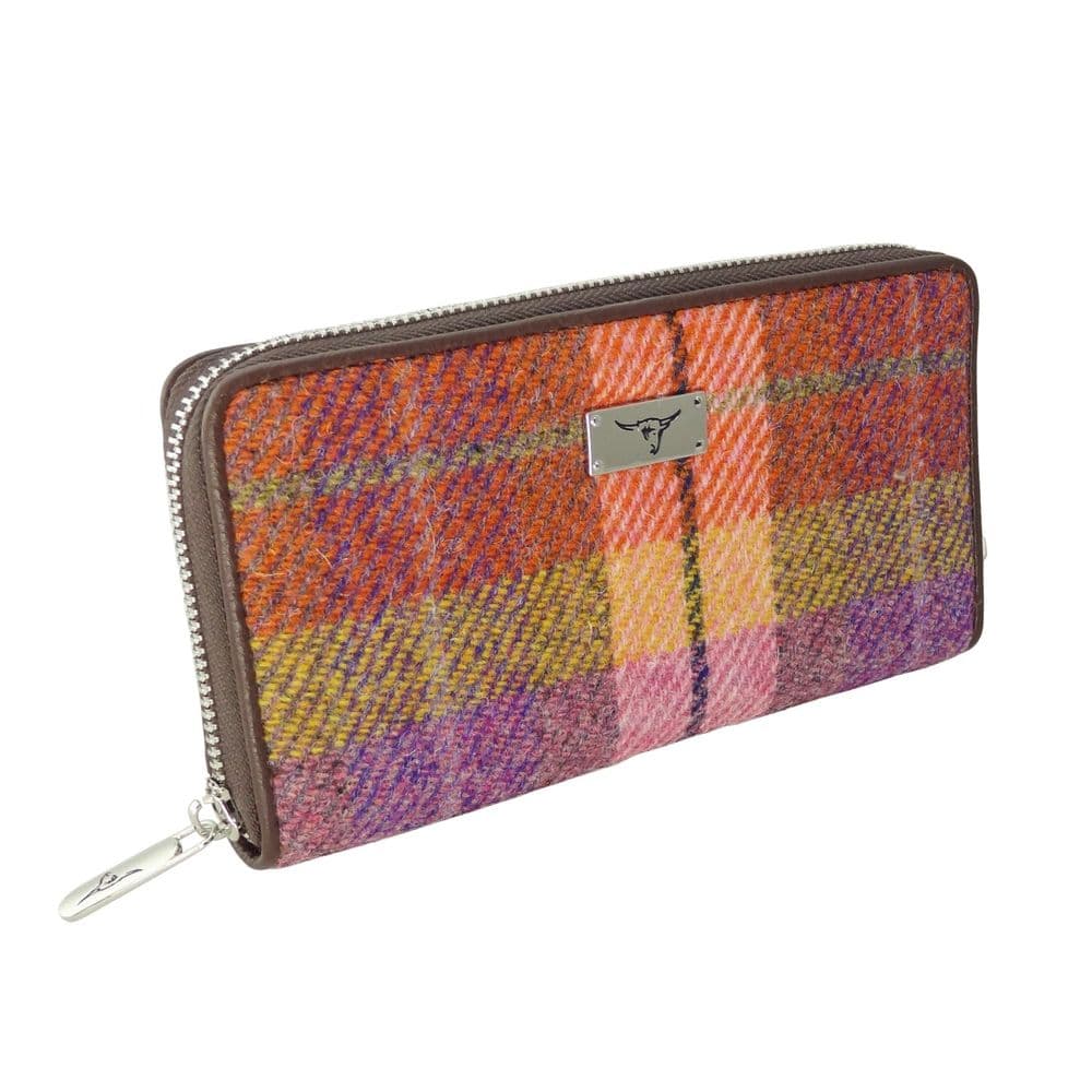 Ladies Harris Tweed Long Staffa Zip Round Purse Orange & Lilac Check
