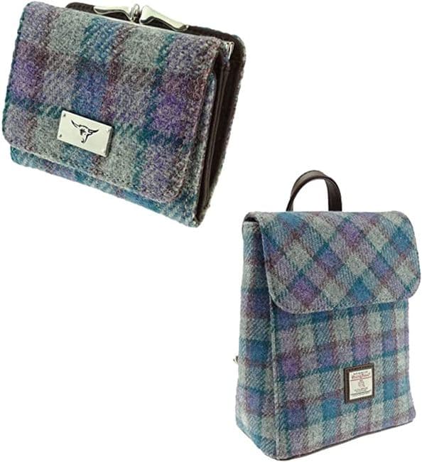 Ladies Harris Tweed Mini Backpack With Matching Purse, 2 Pieces Backpack and Purse Gift Set - Blue