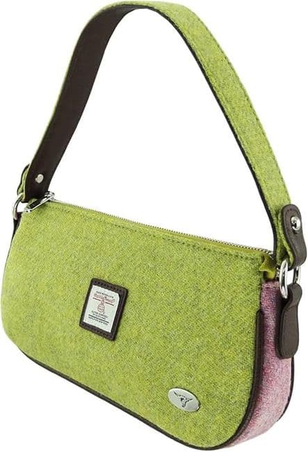 Ladies Harris Tweed Plain Green with Pink Contrast Shoulder Bag With Tweed Strap