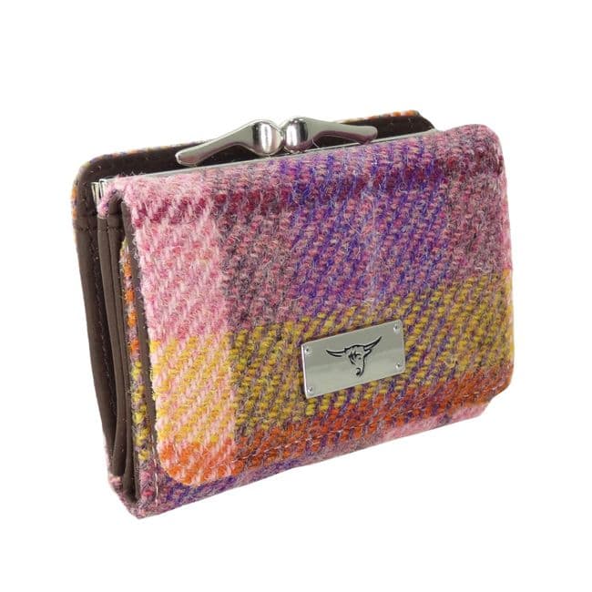Ladies Harris Tweed Small Clasp Purse & Card Section with Orange Lilac Overcheck