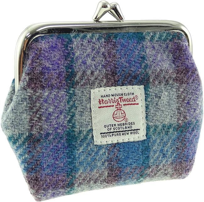 Ladies Harris Tweed Small Coin Purse in Blue/Purple Check on Grey
