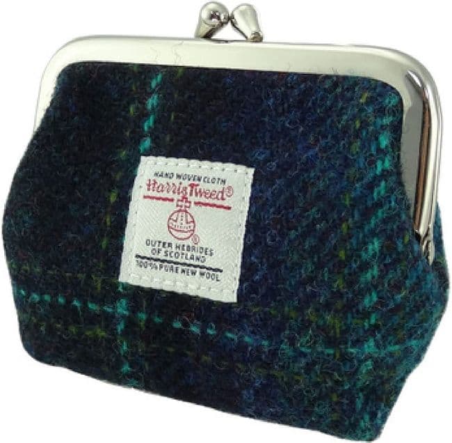 Ladies Harris Tweed Small Coin Purse in Blue with Turquoise Overcheck
