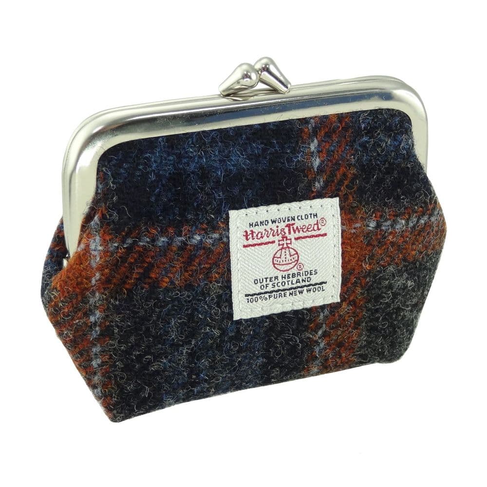 Ladies Harris Tweed Small Coin Purse in Grey With Rust OverCheck