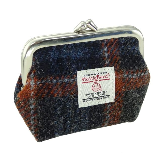 Ladies Harris Tweed Small Coin Purse in Grey With Rust OverCheck