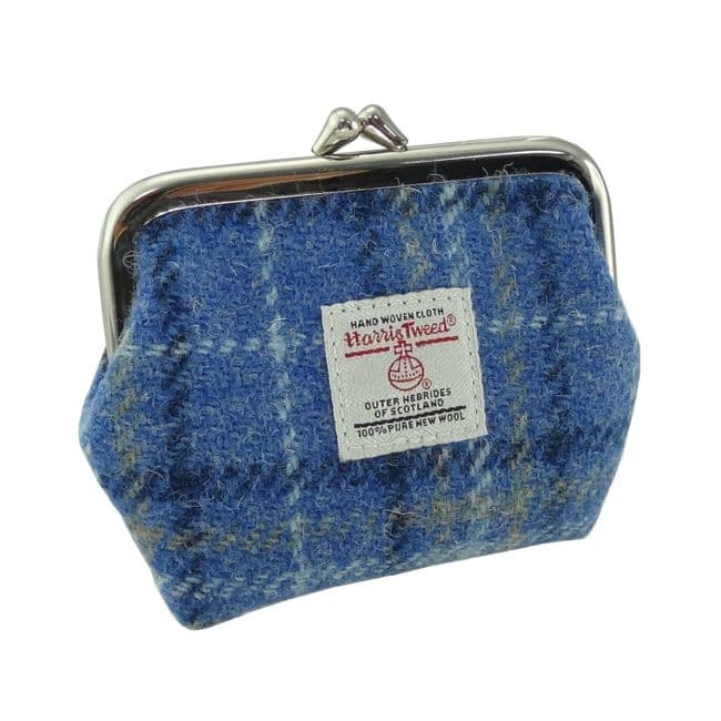 Ladies Harris Tweed Small Coin Purse in Light Blue Check Tartan