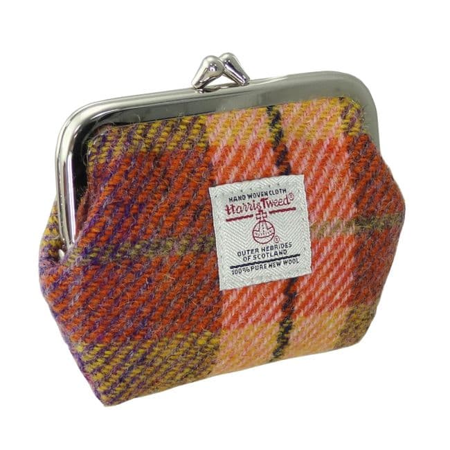 Ladies Harris Tweed Small Coin Purse in Orange with Lilac Check