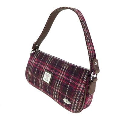 Ladies Harris Tweed Wine Overcheck Shoulder Bag With Tweed Strap