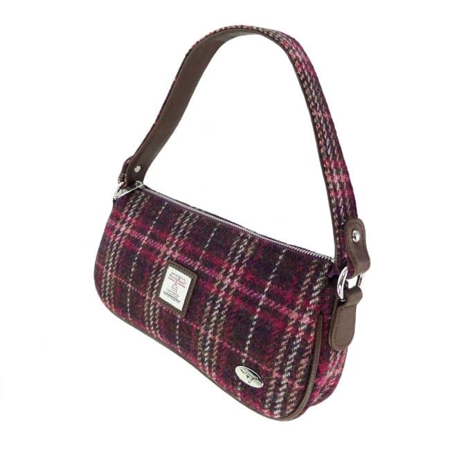 Ladies Harris Tweed Wine Overcheck Shoulder Bag With Tweed Strap