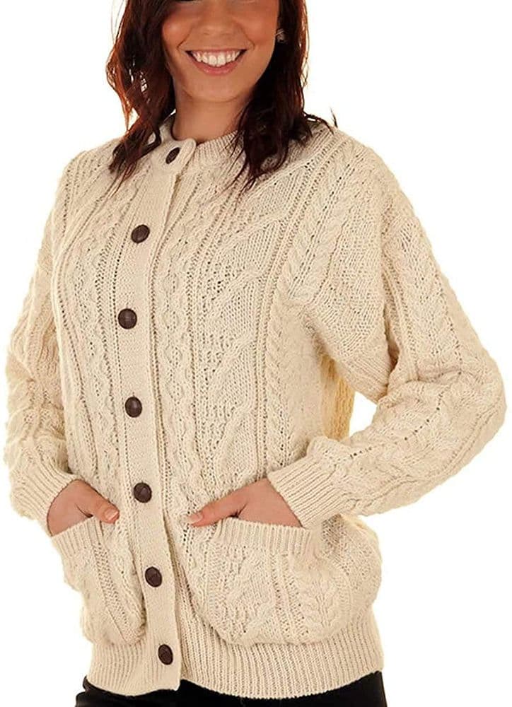Ladies Pure Aran Wool Cream Cable Knit Cardigan