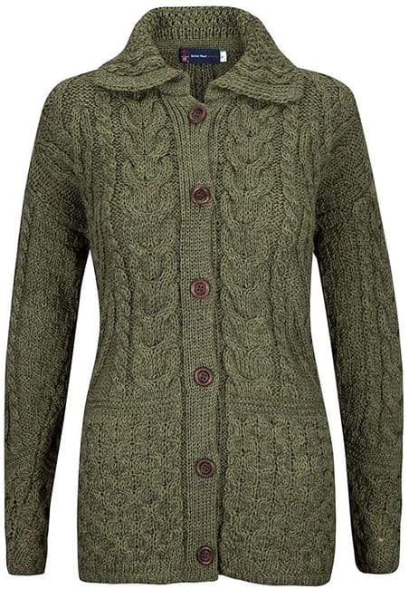 Ladies Pure British Wool Apple Green Aran Cardigan
