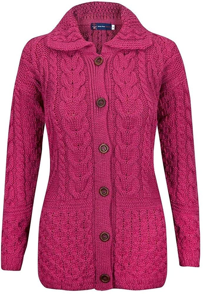 Ladies Pure British Wool Blossom Pink Aran Cardigan