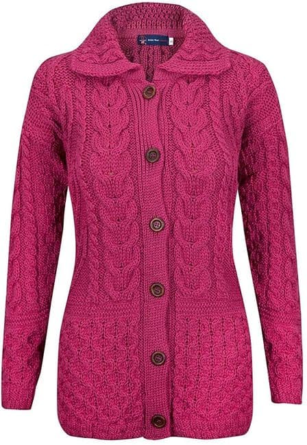 Ladies Pure British Wool Blossom Pink Aran Cardigan