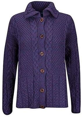Ladies Pure British Wool Heather Purple Aran Cardigan