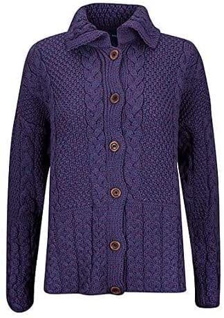 Ladies Pure British Wool Heather Purple Aran Cardigan