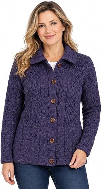 Heather Purple Aran Cardigan | Pure British Wool
